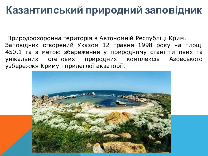 Казантипський природний заповідник Природоохоронна територія в Автономній Республіці Крим. Заповідник створений