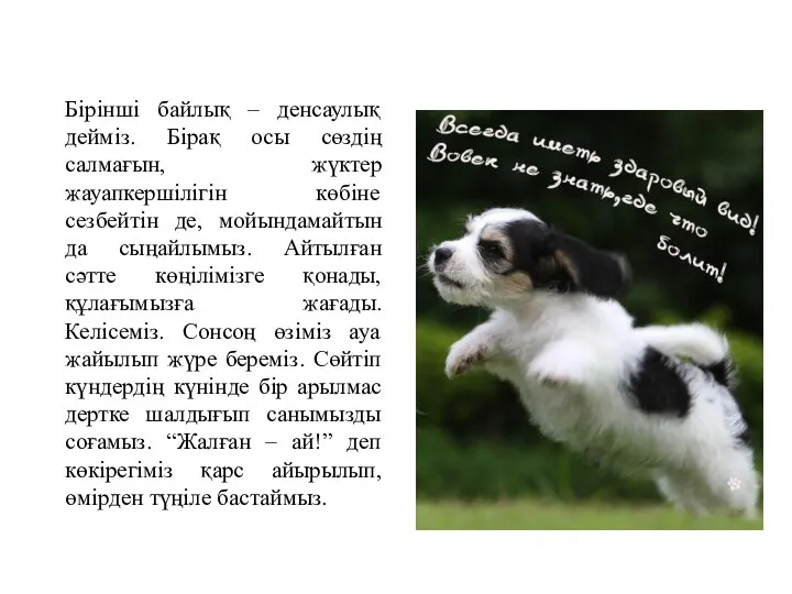 Бірінші байлық – денсаулық дейміз. Бірақ осы сөздің салмағын, жүктер жауапкершілігін