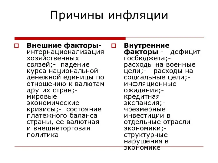 Причины инфляции Внешние факторы- интернационализация хозяйственных связей;- падение курса национальной денежной