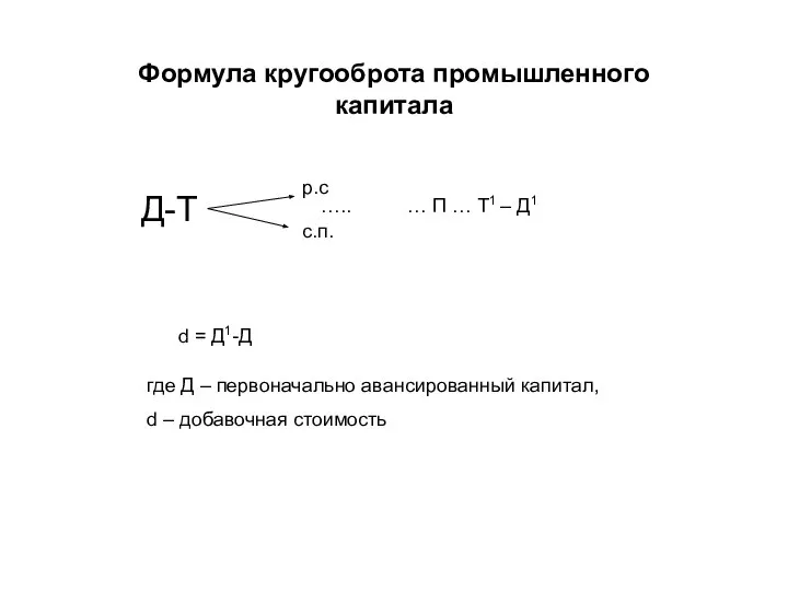 Формула кругооброта промышленного капитала … П … Т1 – Д1 d