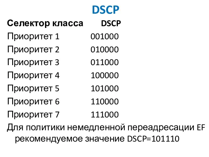 DSCP Селектор класса DSCP Приоритет 1 001000 Приоритет 2 010000 Приоритет