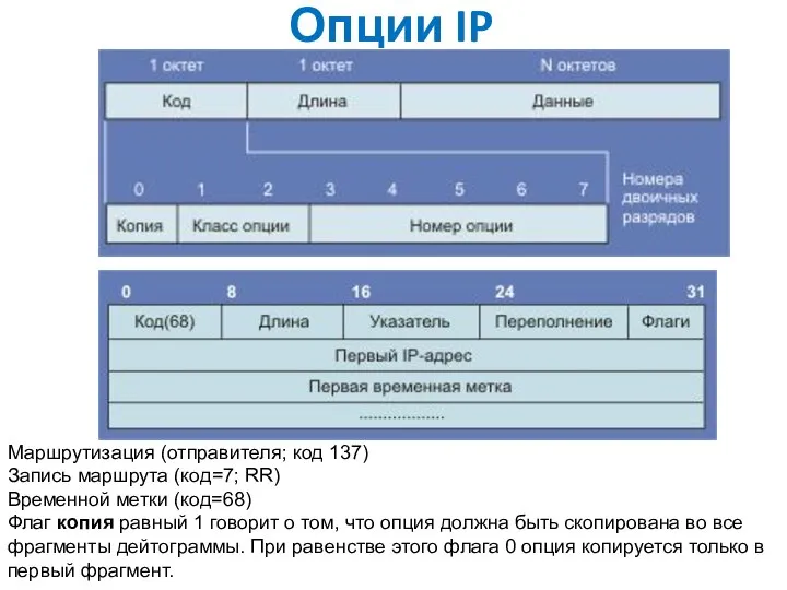 Опции IP Маршрутизация (отправителя; код 137) Запись маршрута (код=7; RR) Временной