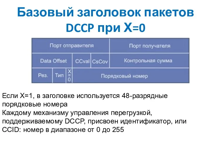 Базовый заголовок пакетов DCCP при Х=0 Если Х=1, в заголовке используется