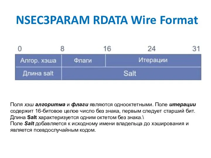 NSEC3PARAM RDATA Wire Format Поля хэш алгоритма и флаги являются однооктетными.