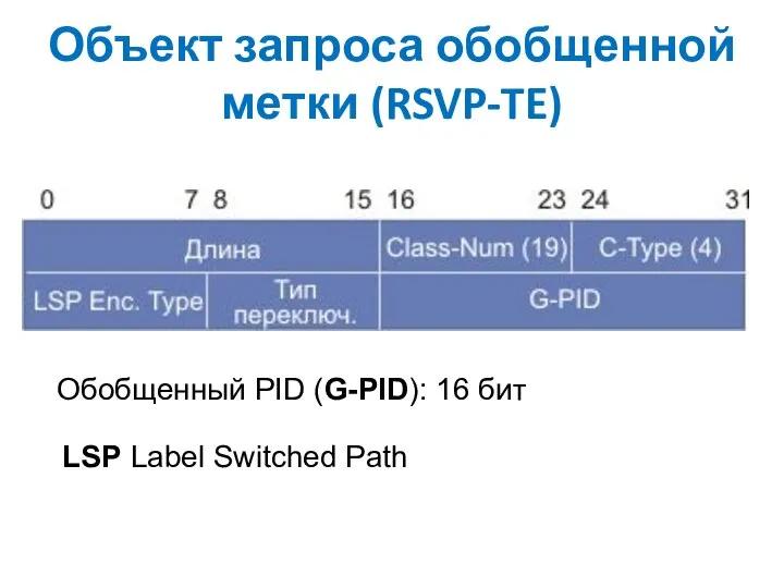 Объект запроса обобщенной метки (RSVP-TE) Обобщенный PID (G-PID): 16 бит LSP Label Switched Path