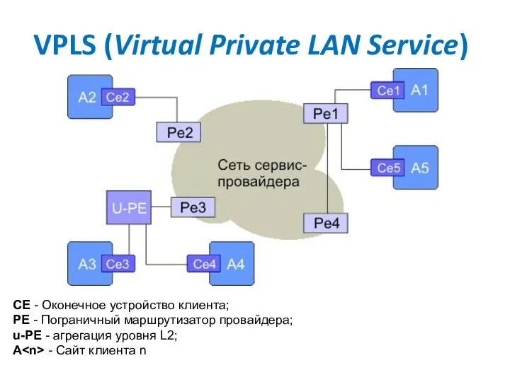 VPLS (Virtual Private LAN Service) CE - Оконечное устройство клиента; PE