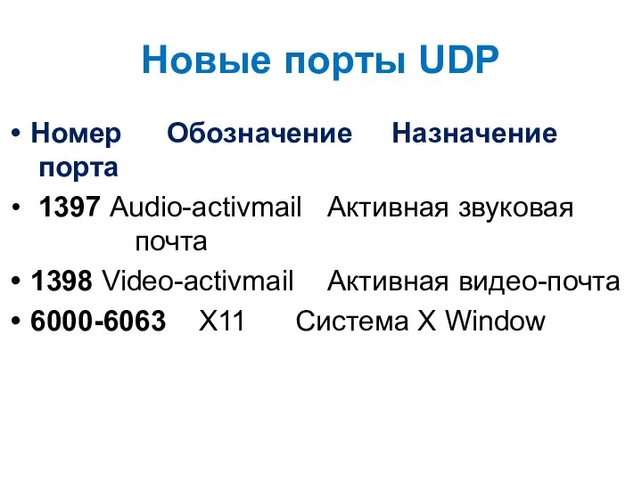 Новые порты UDP Номер Обозначение Назначение порта 1397 Аudio-activmail Активная звуковая