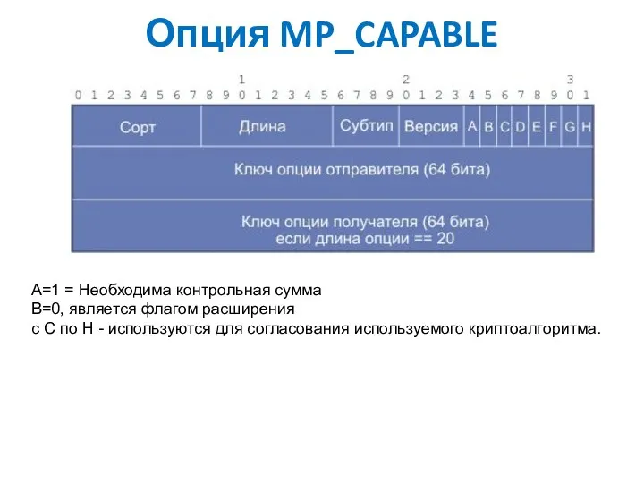 Опция MP_CAPABLE A=1 = Необходима контрольная сумма B=0, является флагом расширения