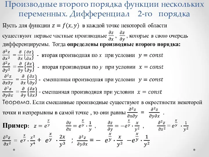 Производные второго порядка функции нескольких переменных. Дифференциал 2-го порядка