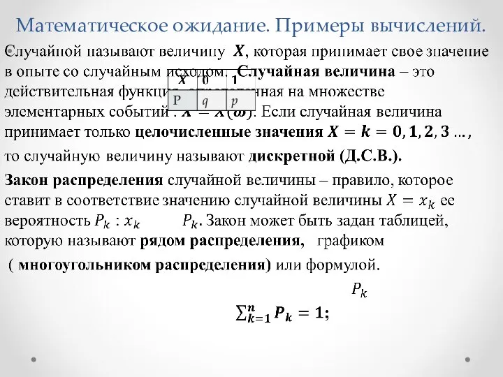 Математическое ожидание. Примеры вычислений.