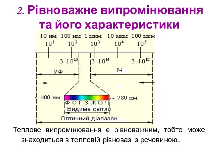2. Рівноважне випромінювання та його характеристики Теплове випромінювання є рівноважним, тобто