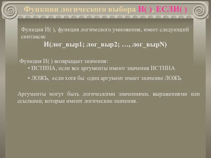 Функции логического выбора И( ), ЕСЛИ( ) Функция И( ), функция