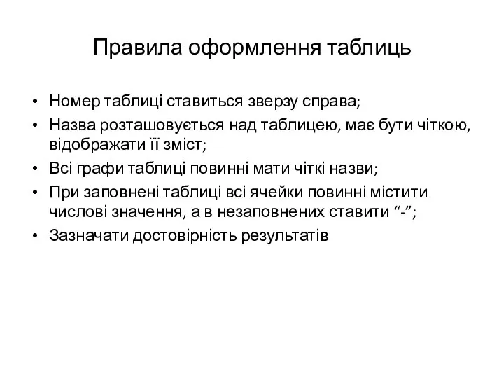 Правила оформлення таблиць Номер таблиці ставиться зверзу справа; Назва розташовується над