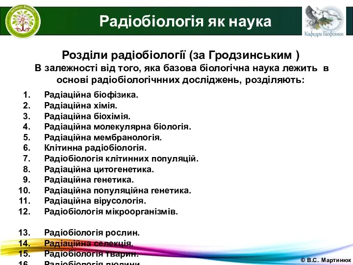 © В.С. Мартинюк Радіобіологія як наука Розділи радіобіології (за Гродзинським )