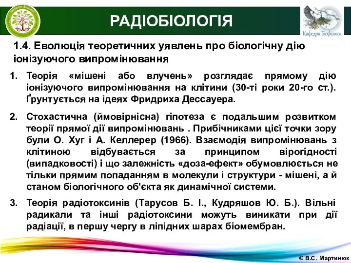 © В.С. Мартинюк 1.4. Еволюція теоретичних уявлень про біологічну дію іонізуючого