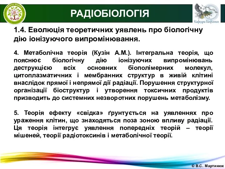 © В.С. Мартинюк 1.4. Еволюція теоретичних уявлень про біологічну дію іонізуючого