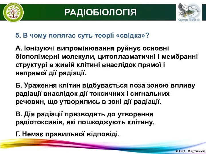 © В.С. Мартинюк РАДІОБІОЛОГІЯ 5. В чому полягає суть теорії «свідка»?