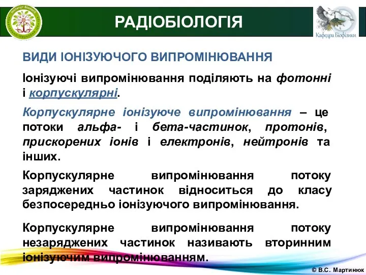 © В.С. Мартинюк РАДІОБІОЛОГІЯ ВИДИ ІОНІЗУЮЧОГО ВИПРОМІНЮВАННЯ Іонізуючі випромінювання поділяють на