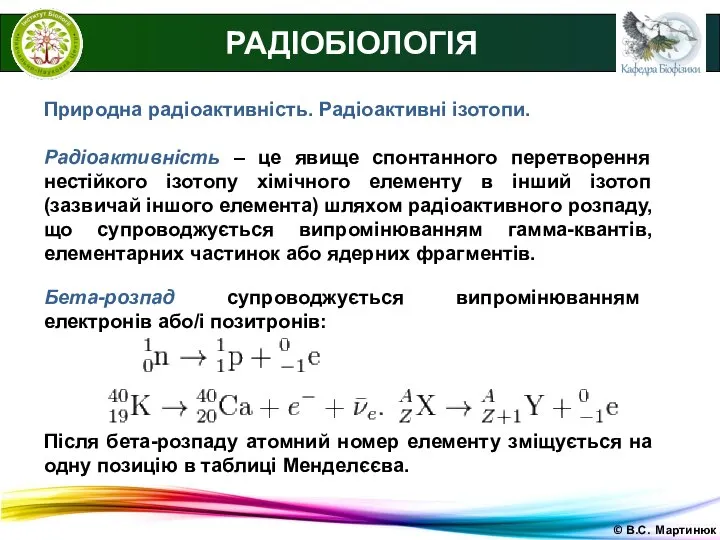 © В.С. Мартинюк РАДІОБІОЛОГІЯ Природна радіоактивність. Радіоактивні ізотопи. Радіоактивність – це