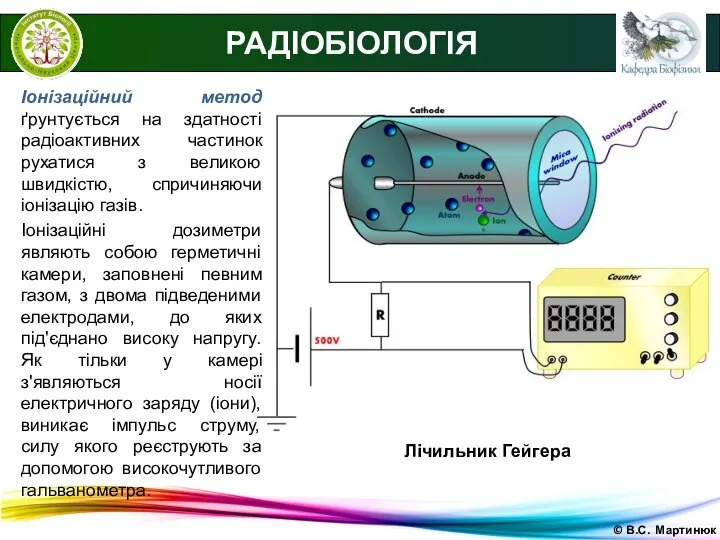 © В.С. Мартинюк РАДІОБІОЛОГІЯ Іонізаційний метод ґрунтується на здатності радіоактивних частинок