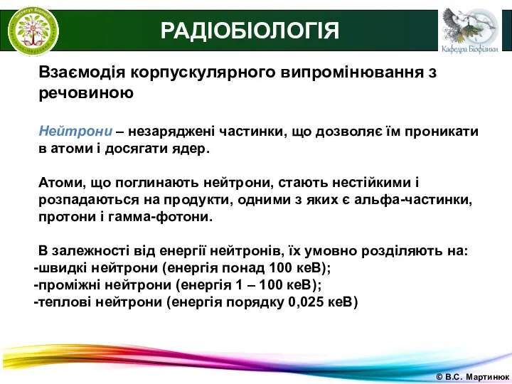 © В.С. Мартинюк РАДІОБІОЛОГІЯ Взаємодія корпускулярного випромінювання з речовиною Нейтрони –