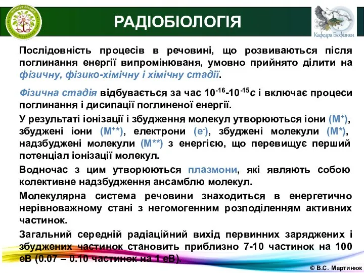 © В.С. Мартинюк РАДІОБІОЛОГІЯ Послідовність процесів в речовині, що розвиваються після