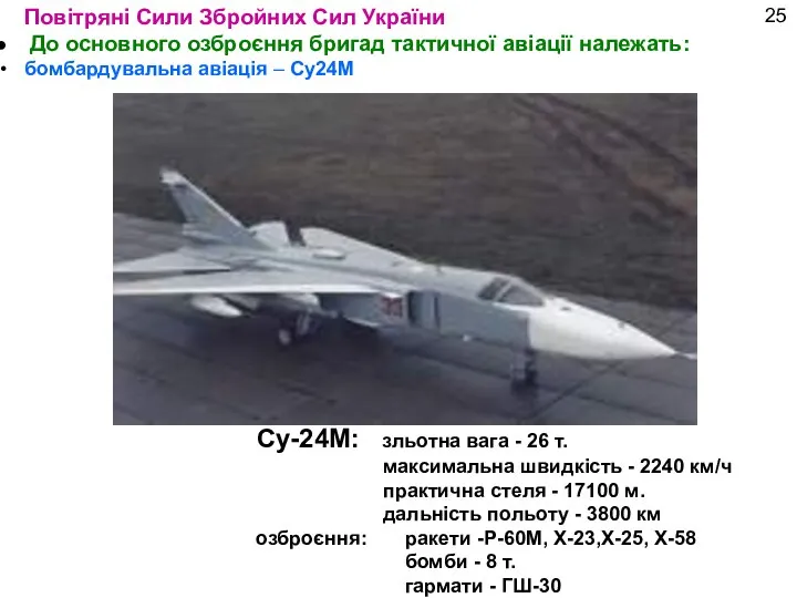 Су-24М: зльотна вага - 26 т. максимальна швидкість - 2240 км/ч