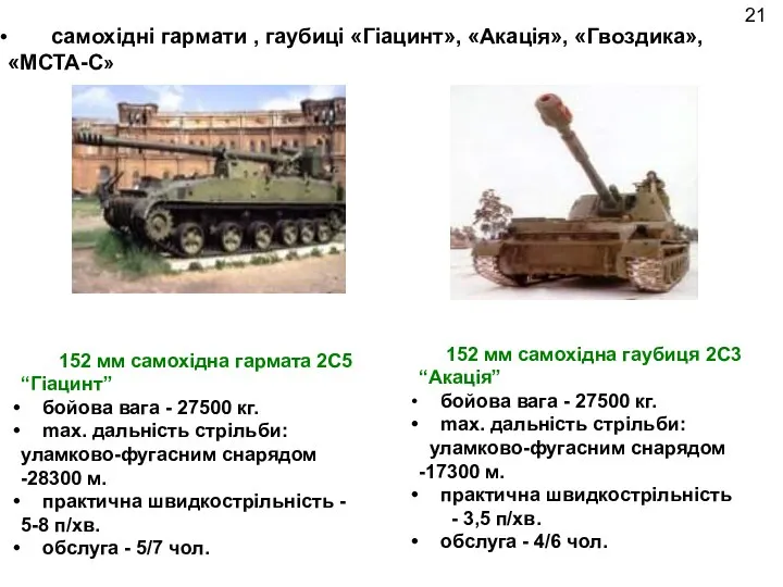 самохідні гармати , гаубиці «Гіацинт», «Акація», «Гвоздика», «МСТА-С» 152 мм самохідна