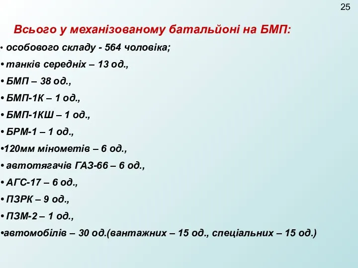 Всього у механізованому батальйоні на БМП: особового складу - 564 чоловіка;