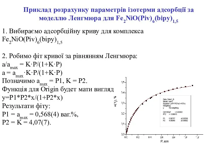 1. Вибираємо адсорбційну криву для комплекса Fe2NiO(Piv)6(bipy)1,5 2. Робимо фіт кривої