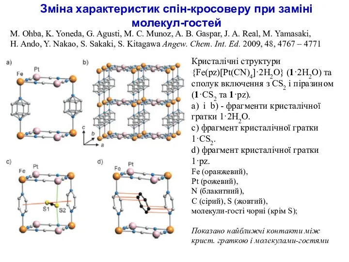 Кристалічні структури {Fe(pz)[Pt(CN)4]·2H2O} (1·2H2O) та сполук включення з CS2 і піразином