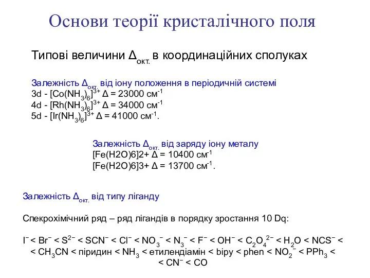 Основи теорії кристалічного поля Типові величини Δокт. в координаційних сполуках Залежність