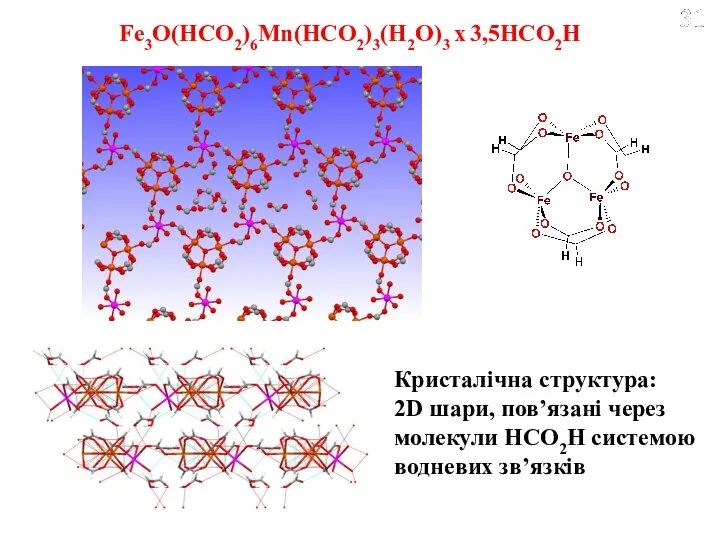 Fe3O(HCO2)6Mn(HCO2)3(H2O)3 x 3,5HCO2H Кристалічна структура: 2D шари, пов’язані через молекули HCO2H системою водневих зв’язків