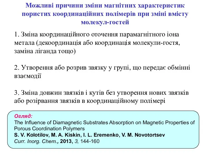 Можливі причини зміни магнітних характеристик пористих координаційних полімерів при зміні вмісту