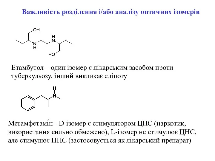 Етамбутол – один ізомер є лікарським засобом проти туберкульозу, інший викликає
