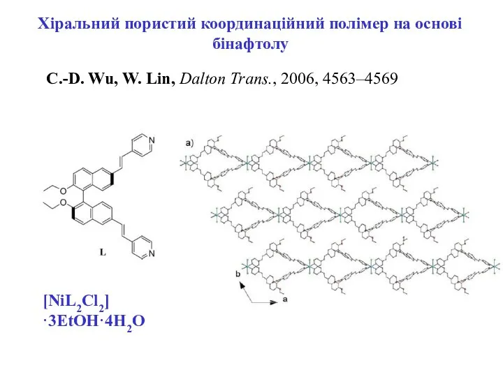 C.-D. Wu, W. Lin, Dalton Trans., 2006, 4563–4569 Хіральний пористий координаційний полімер на основі бінафтолу [NiL2Cl2]·3EtOH·4H2O