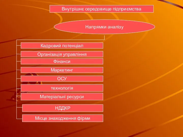 Внутрішнє середовище підприємства Напрямки аналізу Кадровий потенціал Організація управління Фінанси Маркетинг