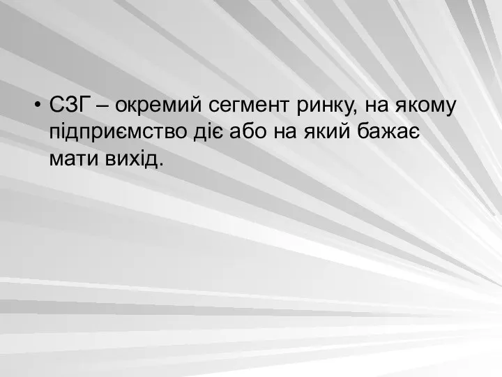 СЗГ – окремий сегмент ринку, на якому підприємство діє або на який бажає мати вихід.