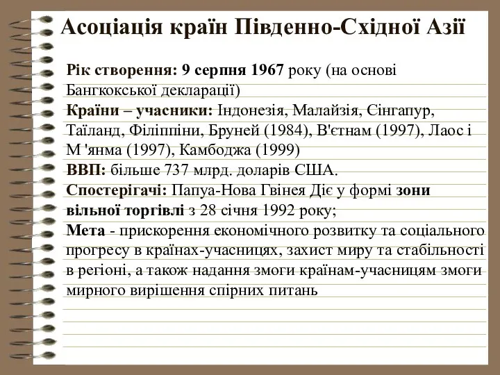 Асоціація країн Південно-Східної Азії Рік створення: 9 серпня 1967 року (на