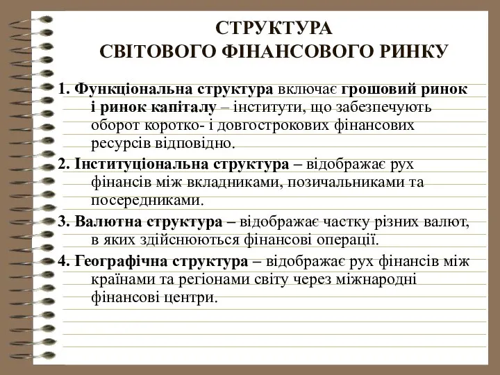 СТРУКТУРА СВІТОВОГО ФІНАНСОВОГО РИНКУ 1. Функціональна структура включає грошовий ринок і