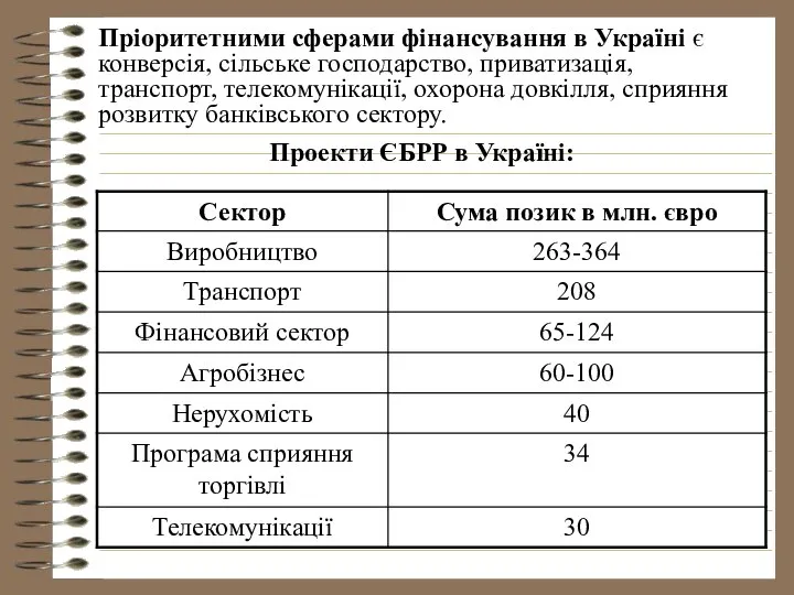 Пріоритетними сферами фінансування в Україні є конверсія, сільське господарство, приватизація, транспорт,