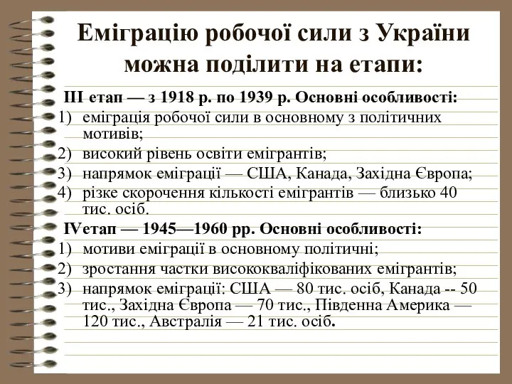 Еміграцію робочої сили з України можна поділити на етапи: III етап