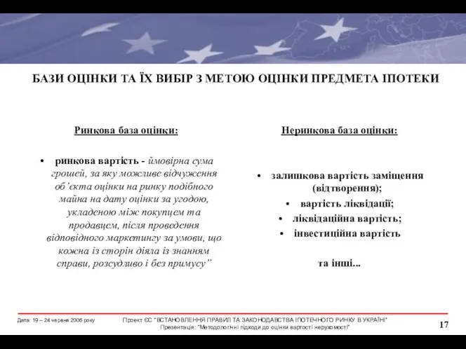 БАЗИ ОЦІНКИ ТА ЇХ ВИБІР З МЕТОЮ ОЦІНКИ ПРЕДМЕТА ІПОТЕКИ Ринкова