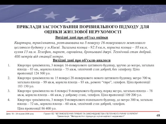 ПРИКЛАДИ ЗАСТОСУВАННЯ ПОРІВНЯЛЬНОГО ПІДХОДУ ДЛЯ ОЦІНКИ ЖИТЛОВОЇ НЕРУХОМОСТІ Вихідні дані про