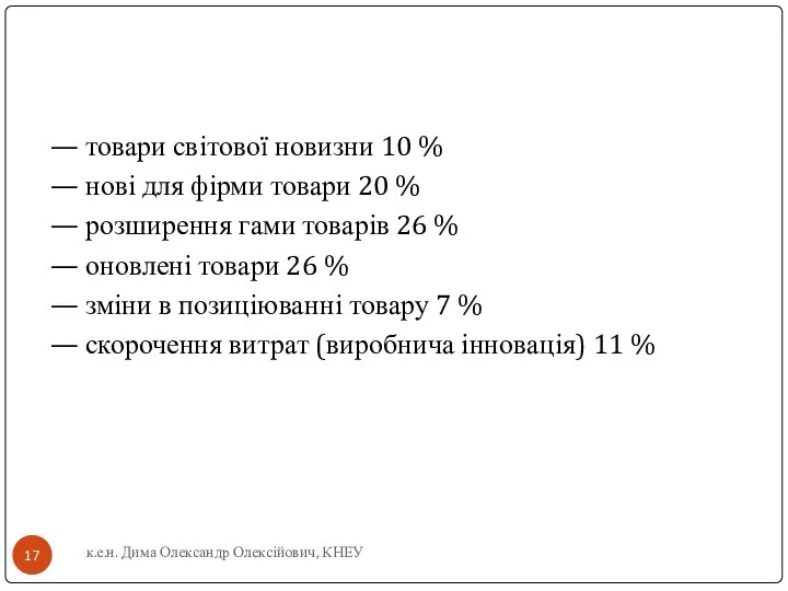 — товари світової новизни 10 % — нові для фірми товари