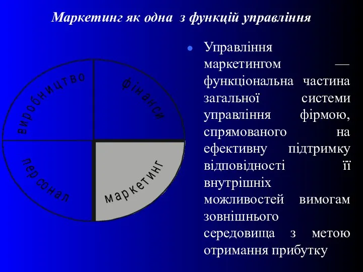 Управління маркетингом — функціональна частина загальної системи управління фірмою, спрямованого на