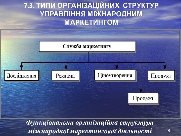 7.3. ТИПИ ОРГАНІЗАЦІЙНИХ СТРУКТУР УПРАВЛІННЯ МІЖНАРОДНИМ МАРКЕТИНГОМ Функціональна організаційна структура міжнародної маркетингової діяльності