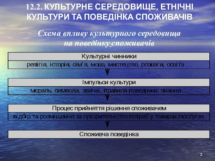 12.2. КУЛЬТУРНЕ СЕРЕДОВИЩЕ, ЕТНІЧНІ КУЛЬТУРИ ТА ПОВЕДІНКА СПОЖИВАЧІВ Схема впливу культурного середовища на поведінку споживачів