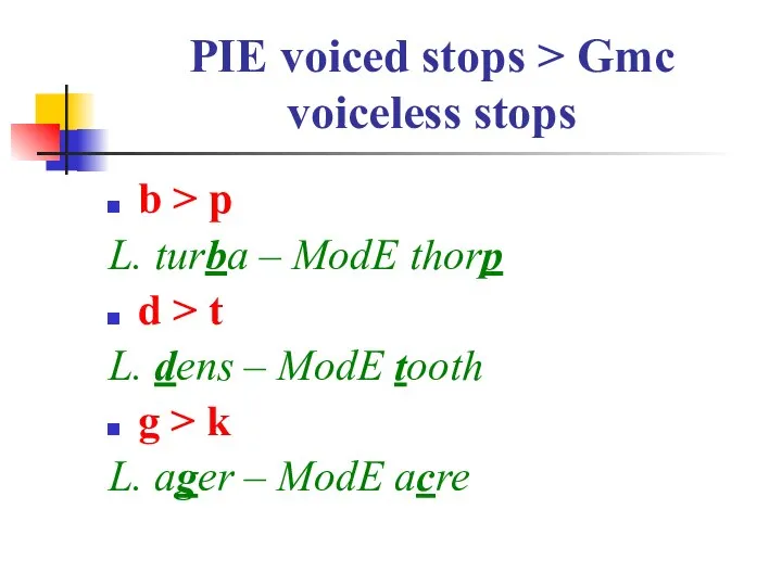 PIE voiced stops > Gmc voiceless stops b > p L.