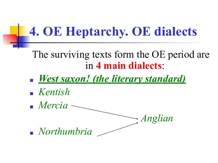 4. OE Heptarchy. OE dialects The surviving texts form the OE